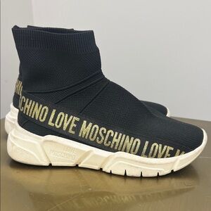 Love Moschino Black Knit Sock Sneaker with Gold Logo Band